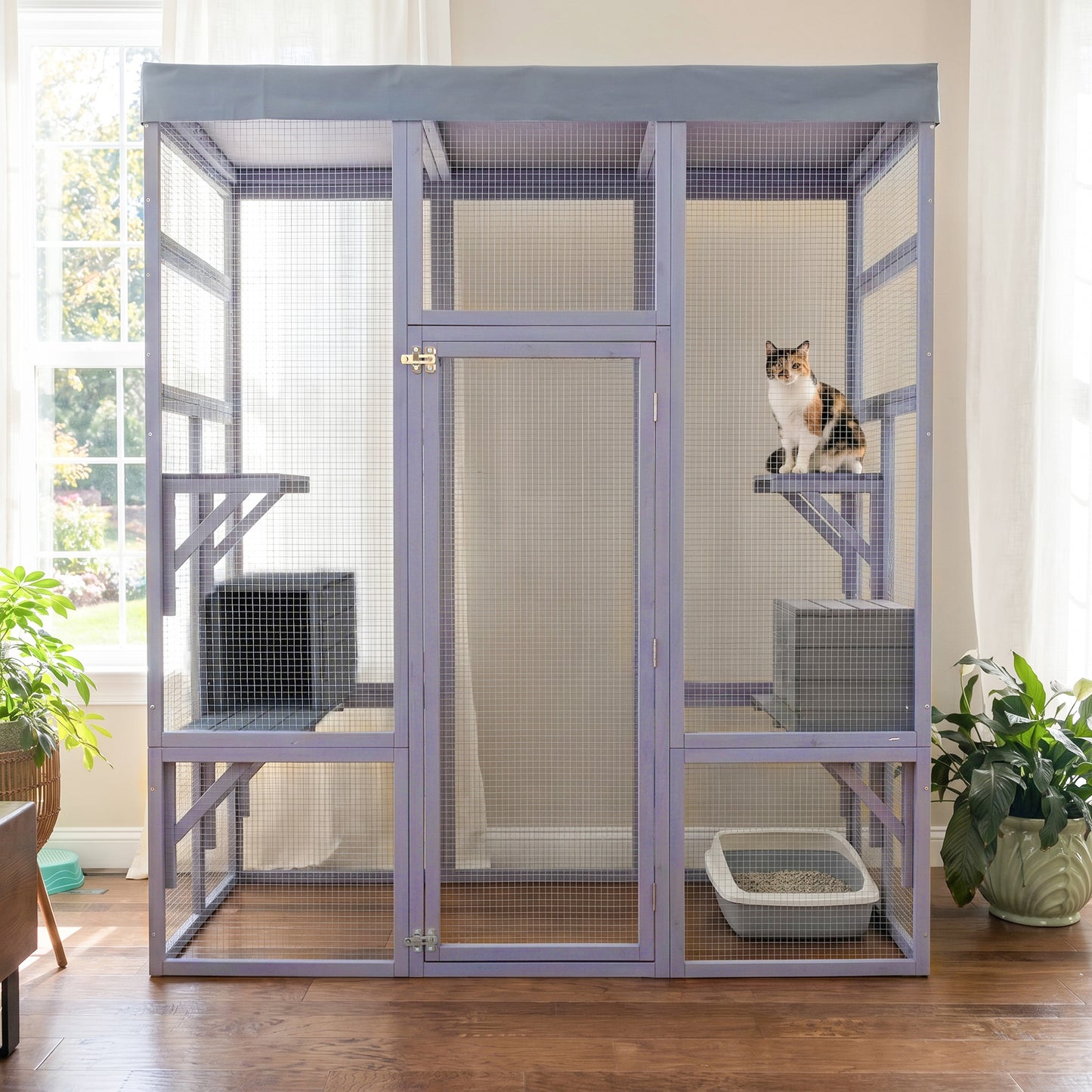 62.6-Inch Wooden Cat Enclosure with Water-Resistant Cover and Multiple Platforms