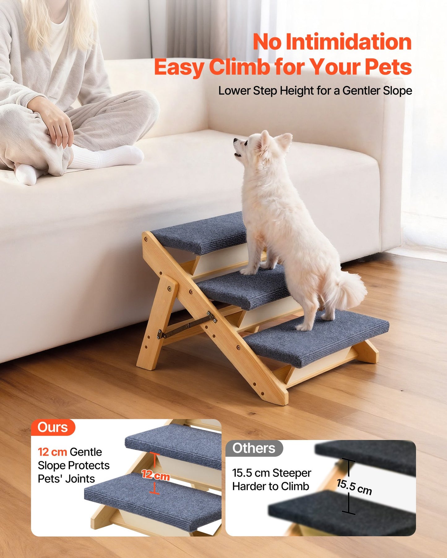 Wood Pet Stairs for Dogs and Cats - 3-Step Foldable Pet Ladder with Non-Slip Surface