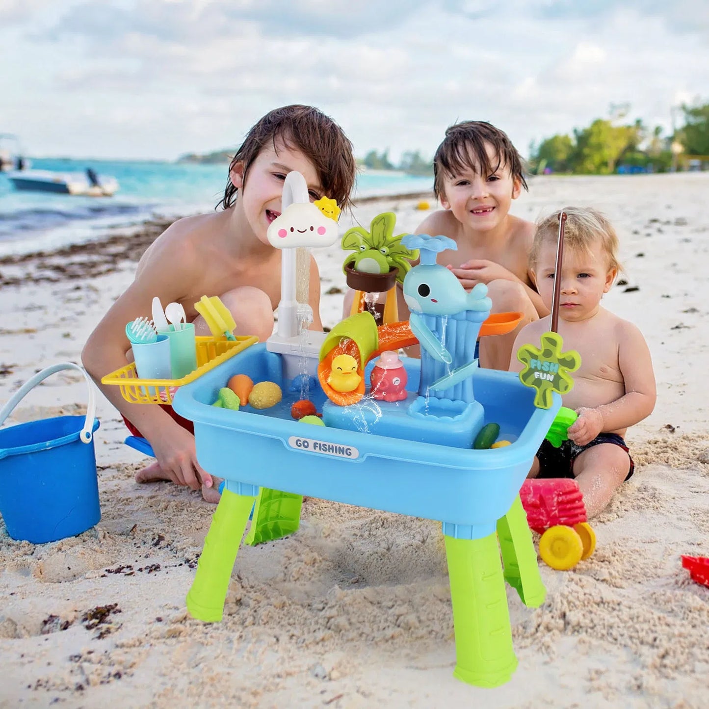 3-in-1 Kids Water Table with Electric Faucet & Fishing Game