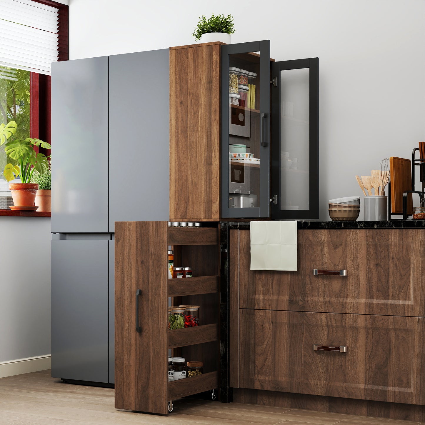 70.87" H Walnut Display Storage Cabinet - 4-Tier with Glass Doors