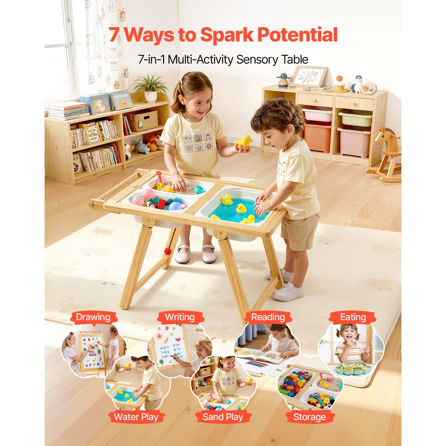 Wooden Sensory Table & Art Easel for Toddlers with Reversible Board & Storage Bins