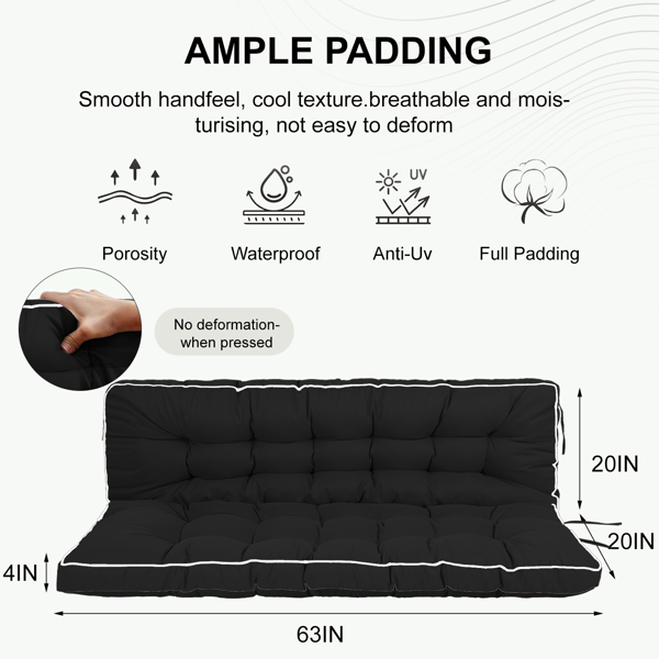 Outdoor Swing Cushions 63 Inch Waterproof Thick Seat Pad with Backrest and Ties - Black