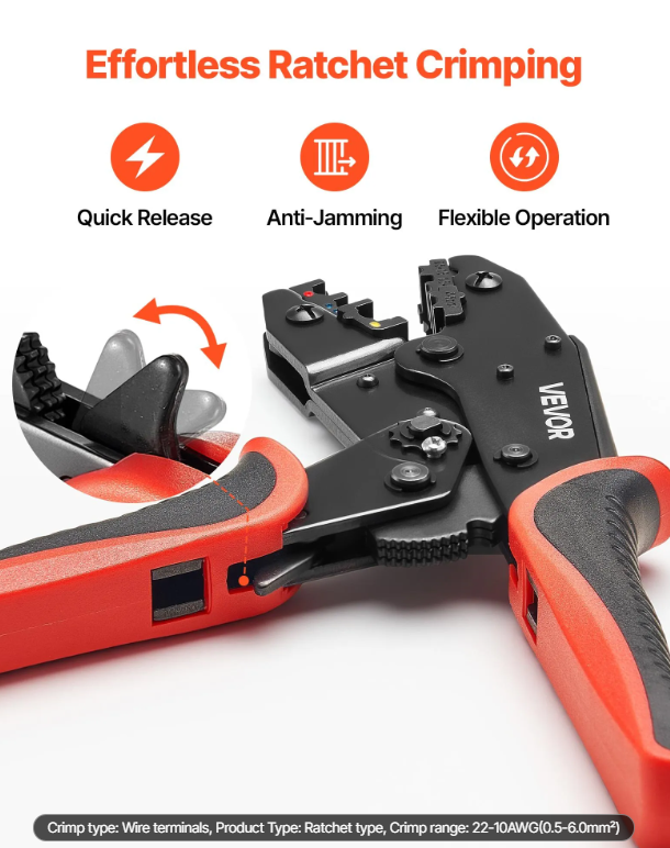Ratcheting Wire Crimping Tool 22-10 AWG for Electrical Terminals