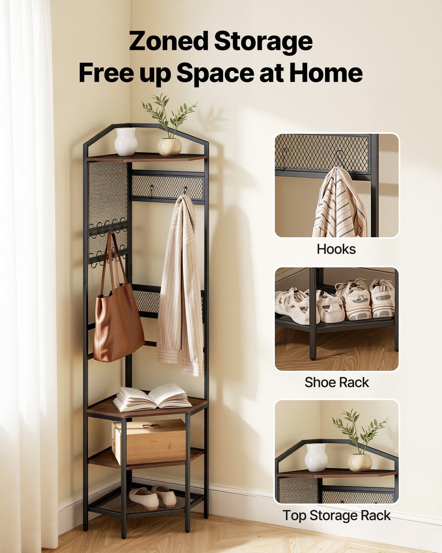 Corner Coat Rack with Hooks & Top Shelf - 71.3 Inch Freestanding Storage Organizer