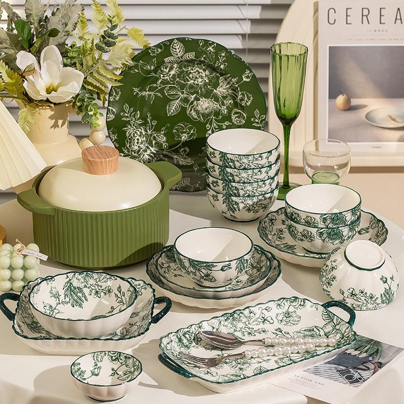 European-Style Porcelain Dinnerware Set with Rice Bowls & Plates - Rose Manor