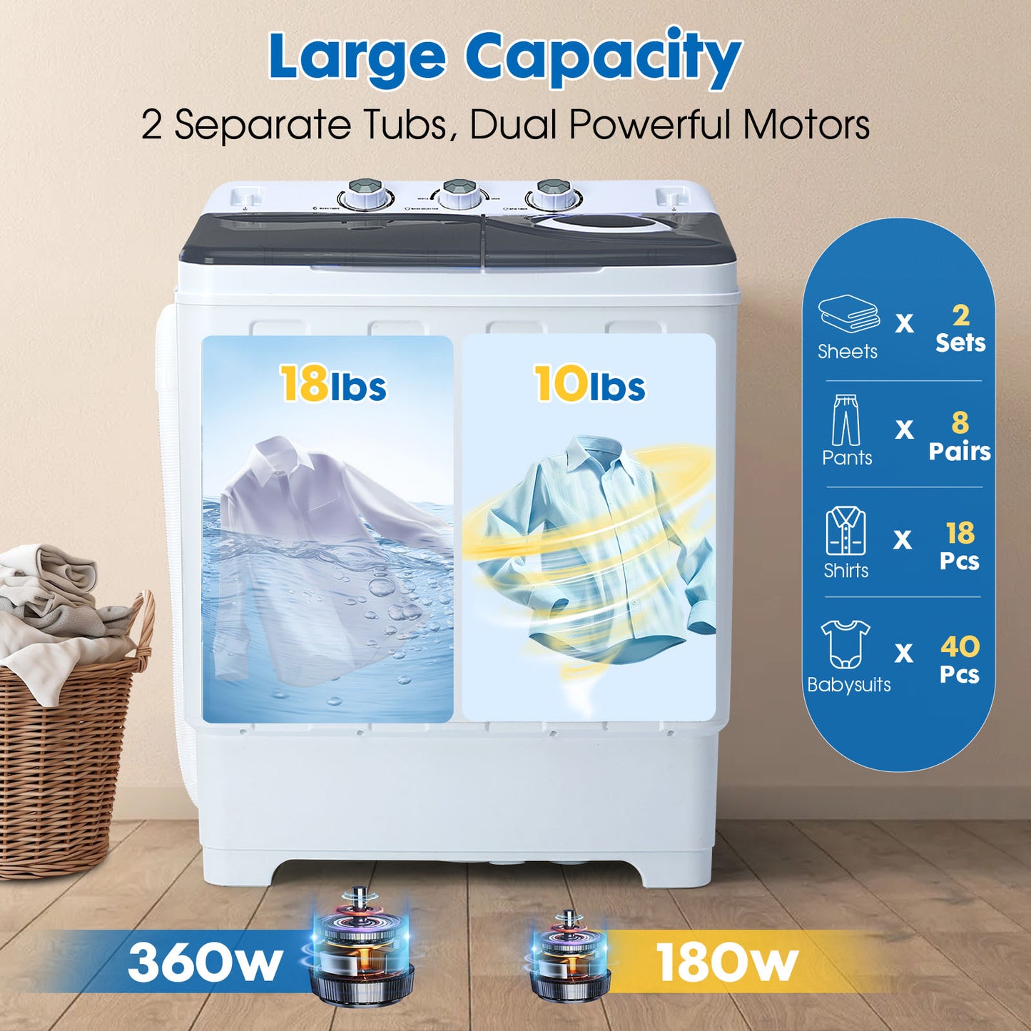 Grey28lbs Portable Washing Machine With 18lbs Wash And 10lbs Spin,