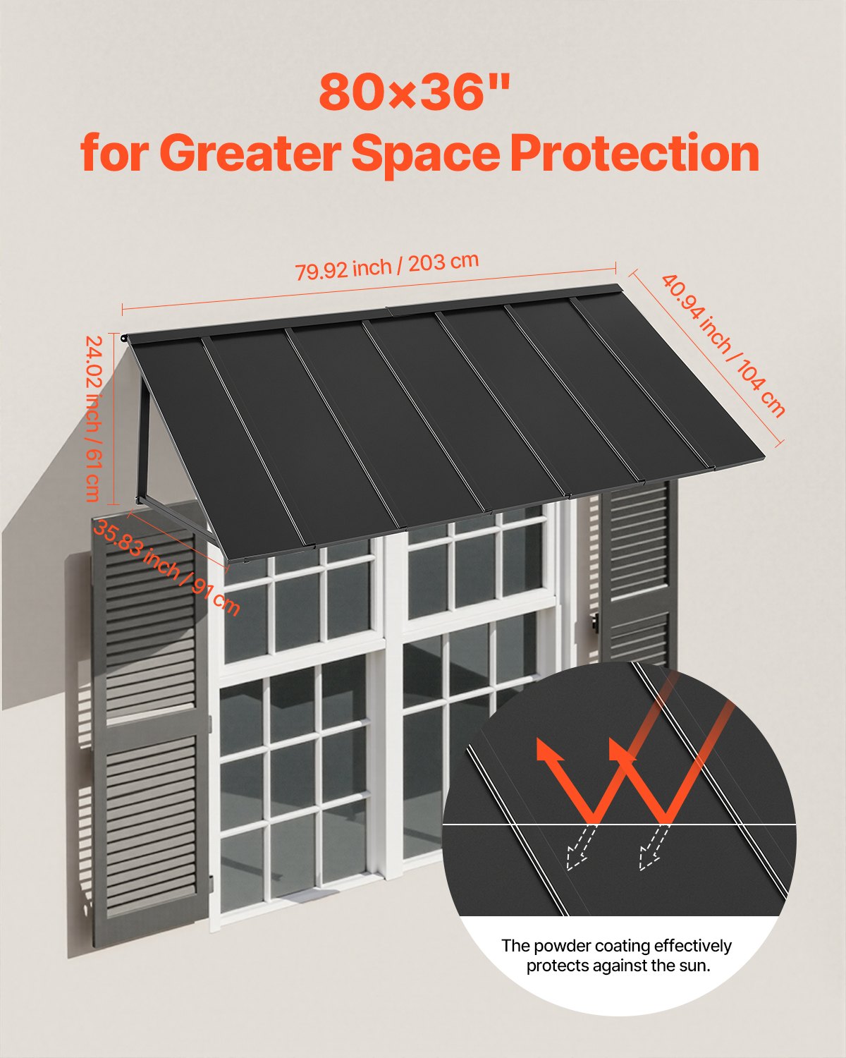 Outdoor Steel Window & Door Canopy 80x36 in Anti-Rust Metal Awning