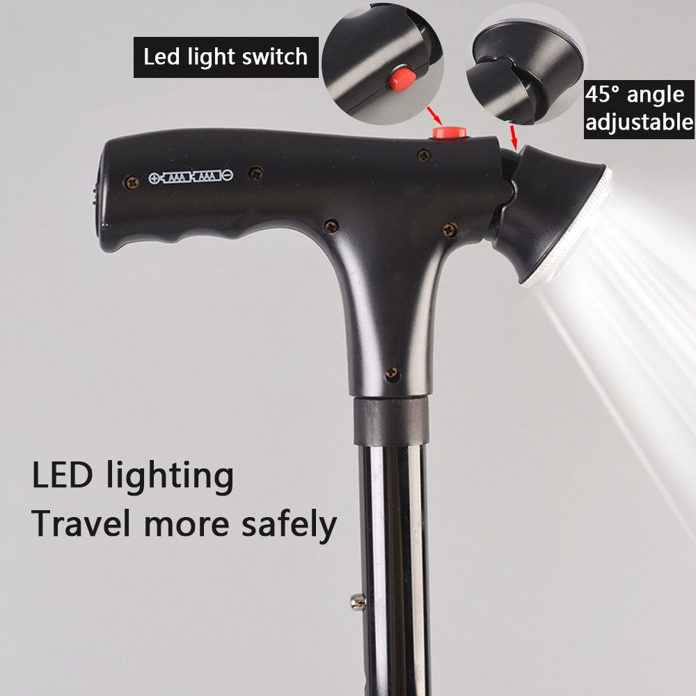 Adjustable Walking Stick Cane with LED Light & SOS Alarm - Black