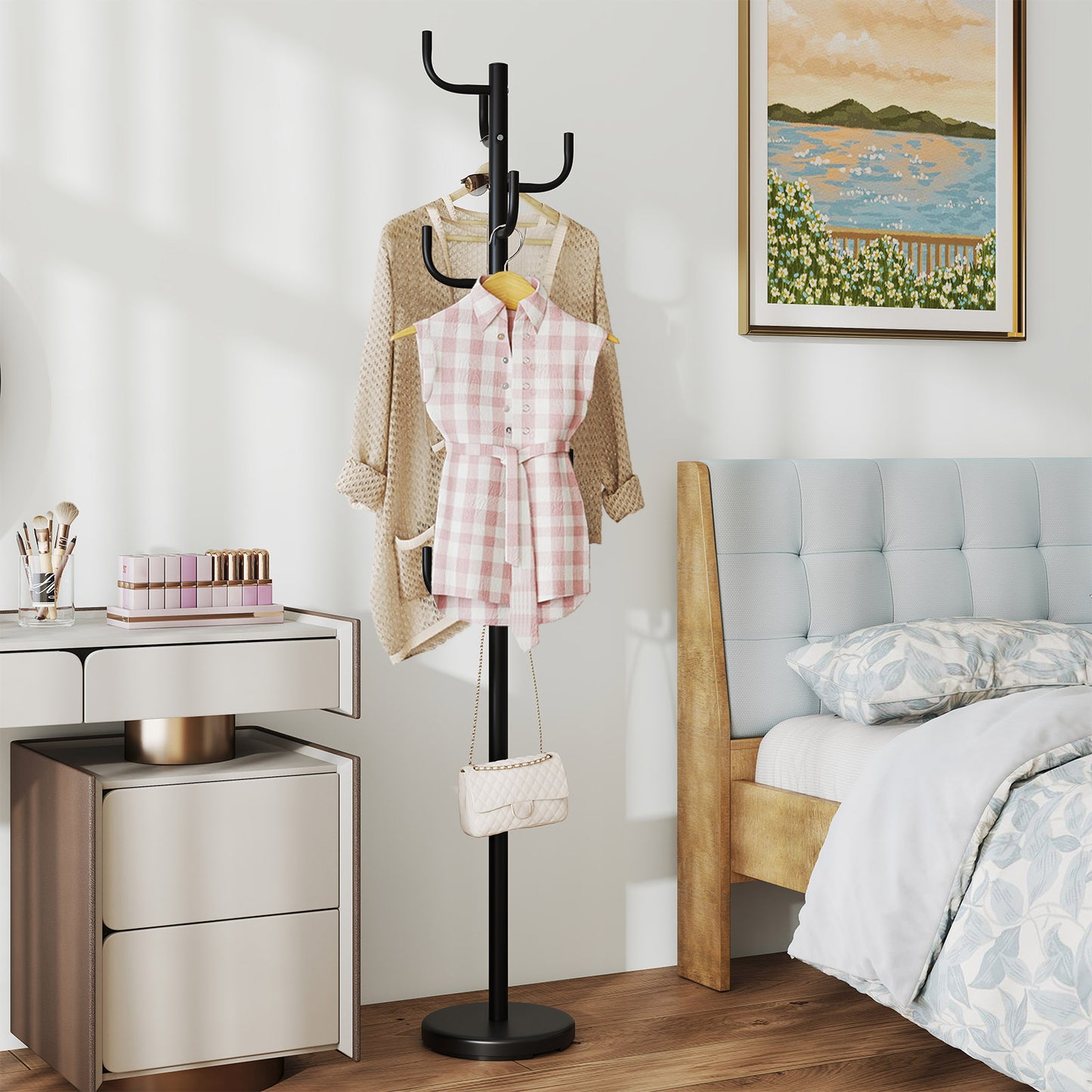 Metal Coat Rack Stand with 8 Hooks and Sturdy Base
