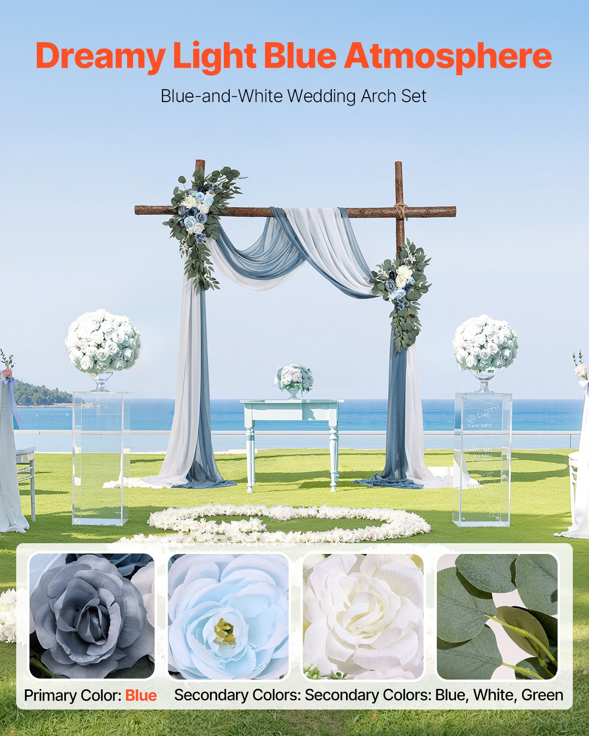 Artificial Wedding Arch Flowers Kit with 21ft Draping Fabric for Weddings - Blue & White
