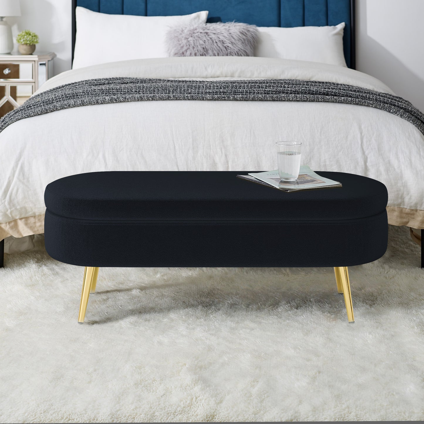 Ottoman Storage Bench - Black Flannel with Metal Legs