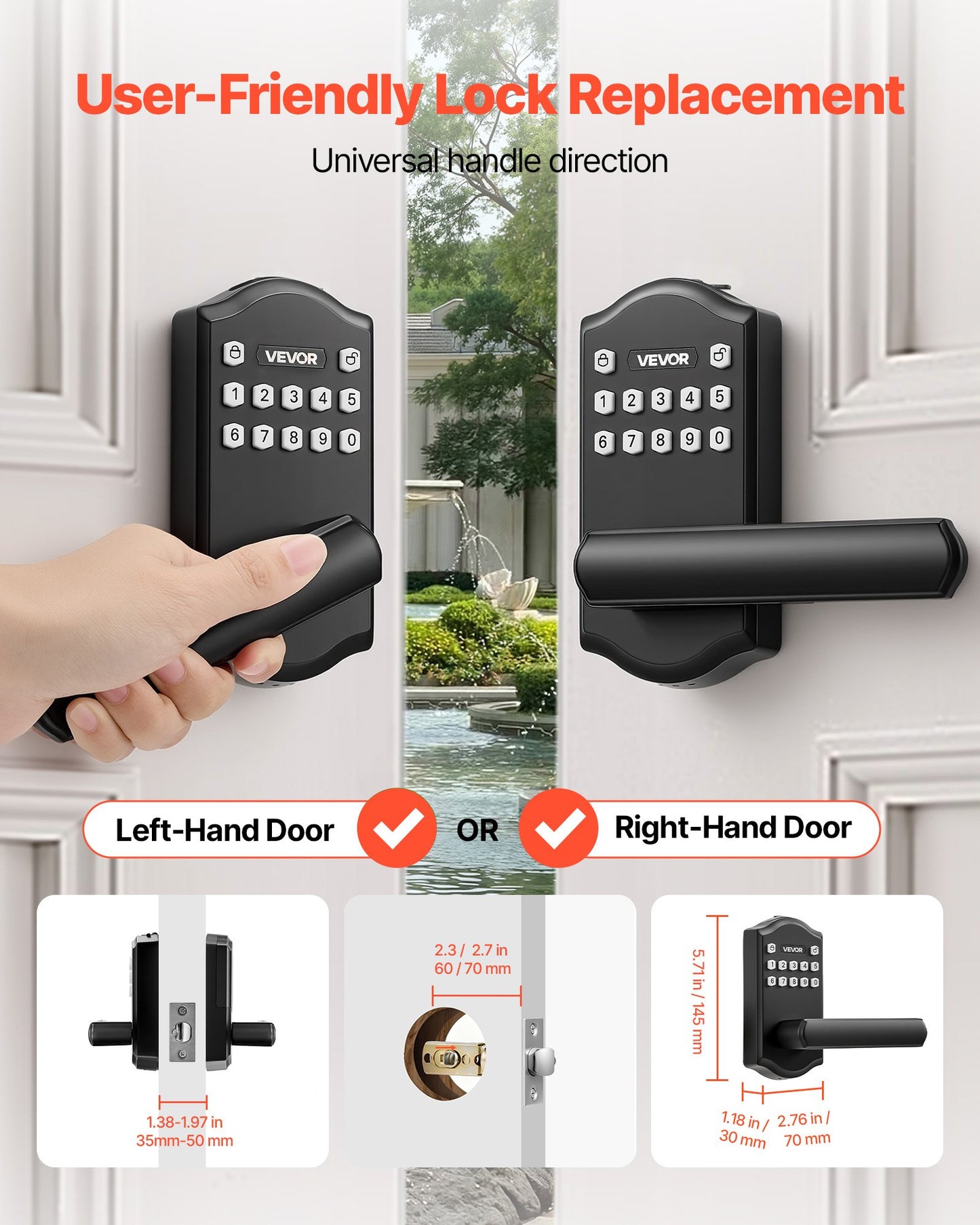 Keyless Entry Door Lock with Handle - Electronic Keypad, Auto Lock, Custom Codes, Matte Black