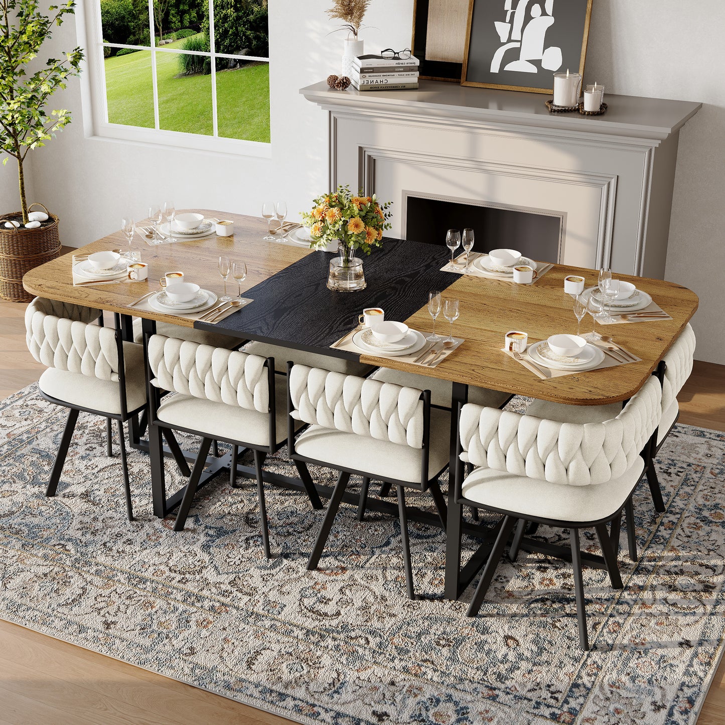 9-Piece Square Dining Table Set, Fixed Two-Tone Wood Grain & Black