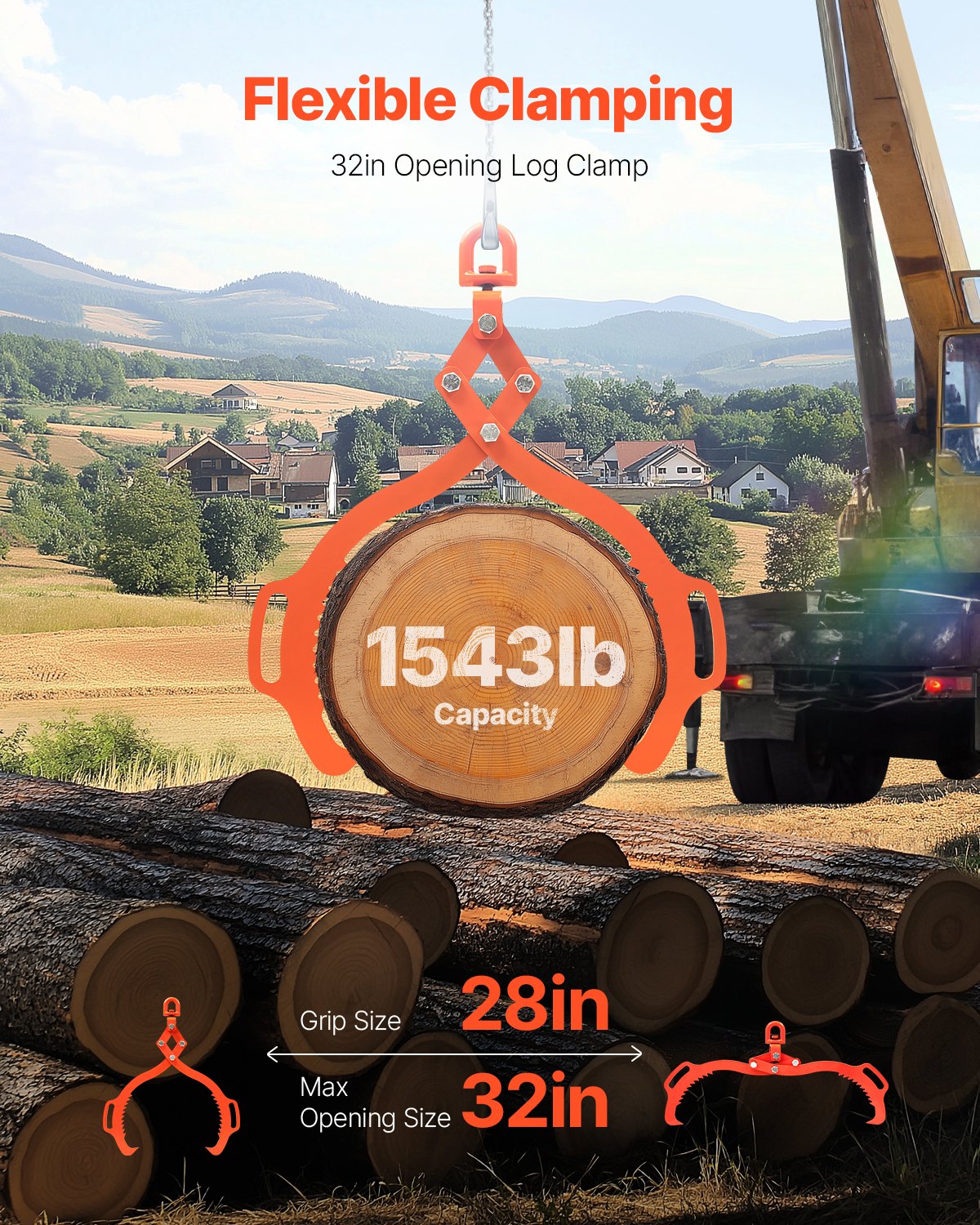 Heavy-Duty 32in Log Lifting Tongs with Swivel Claw, 1543 lbs Capacity