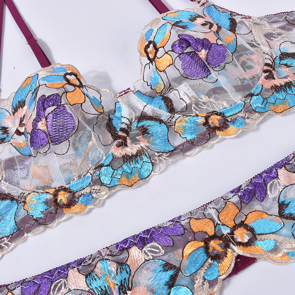 Gather Perspective Embroidery 5-Piece Lingerie Set for Women - Purple & Apricot