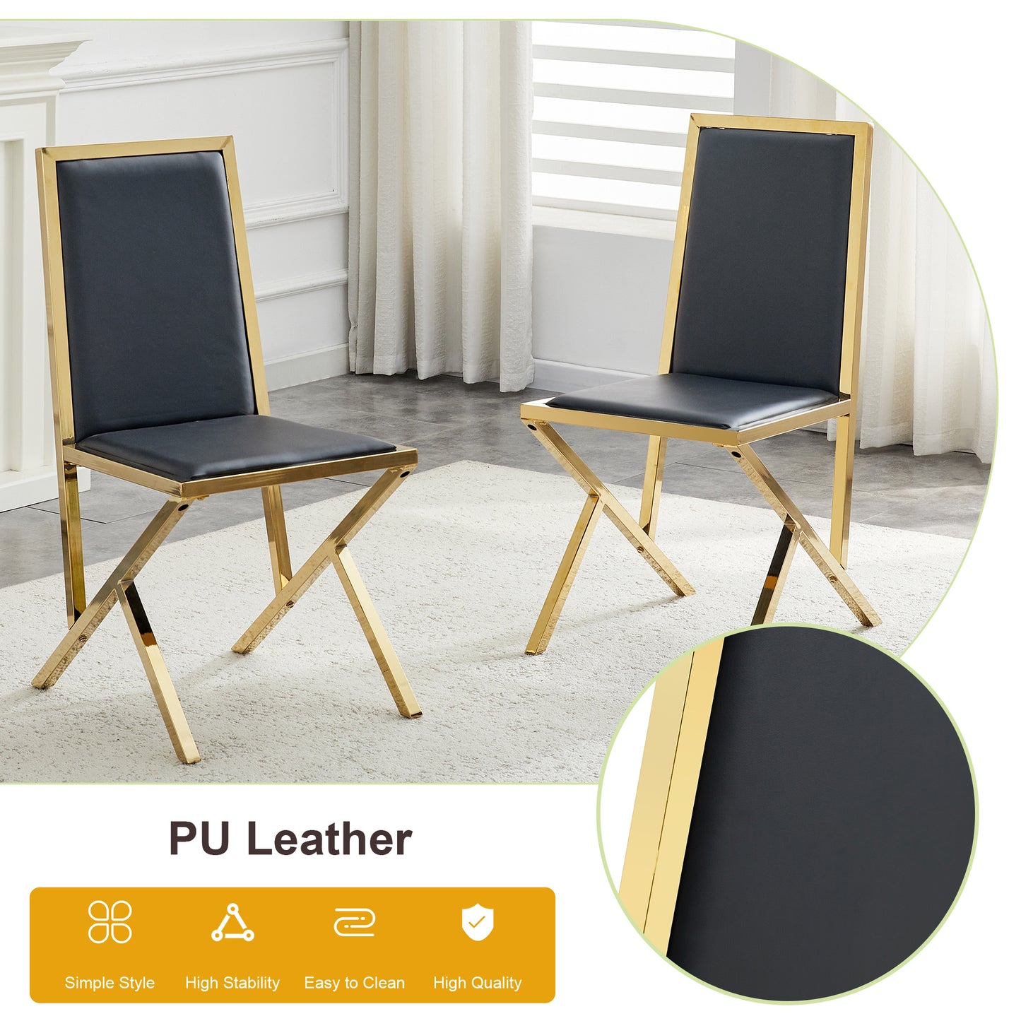 2-pack Gold Metal Framed Black PU Dining Chairs Ergonomic Design, A