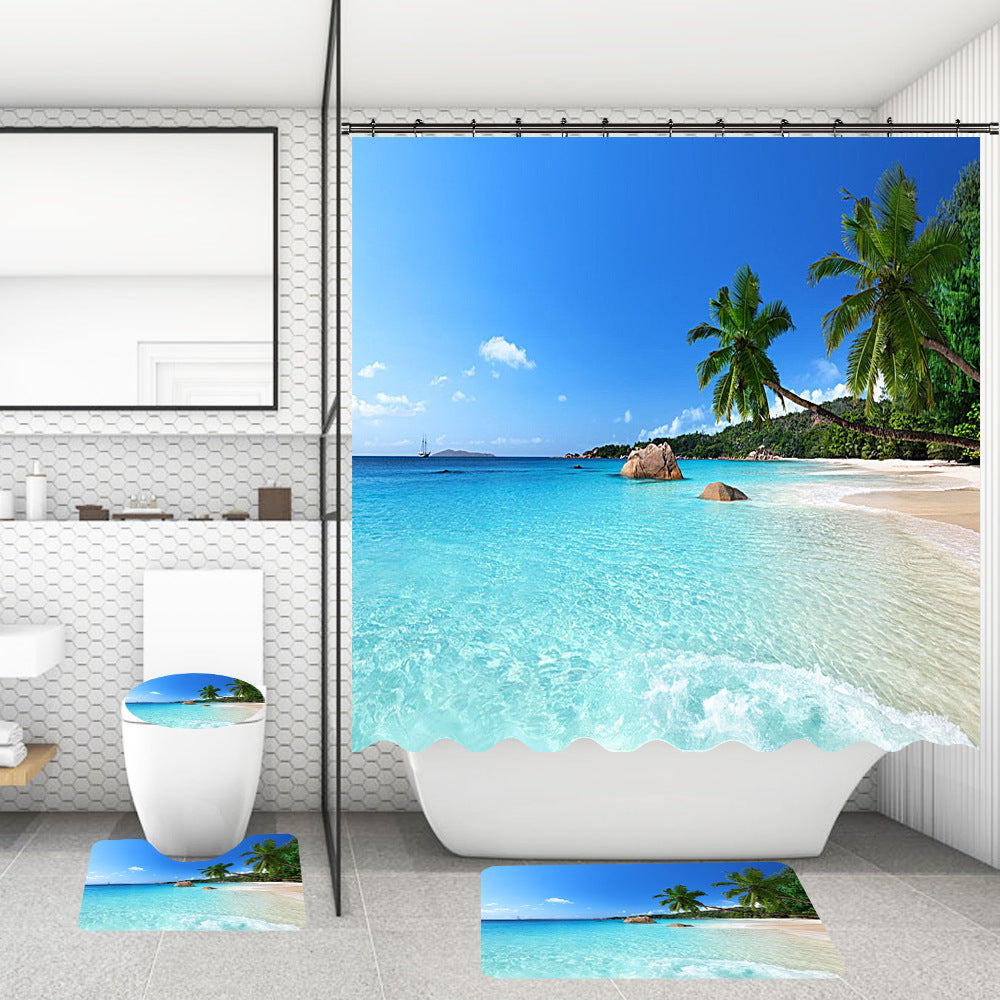 Bathroom Shower Curtain and Floor Mat Set Ocean World Printing - 4 Piece