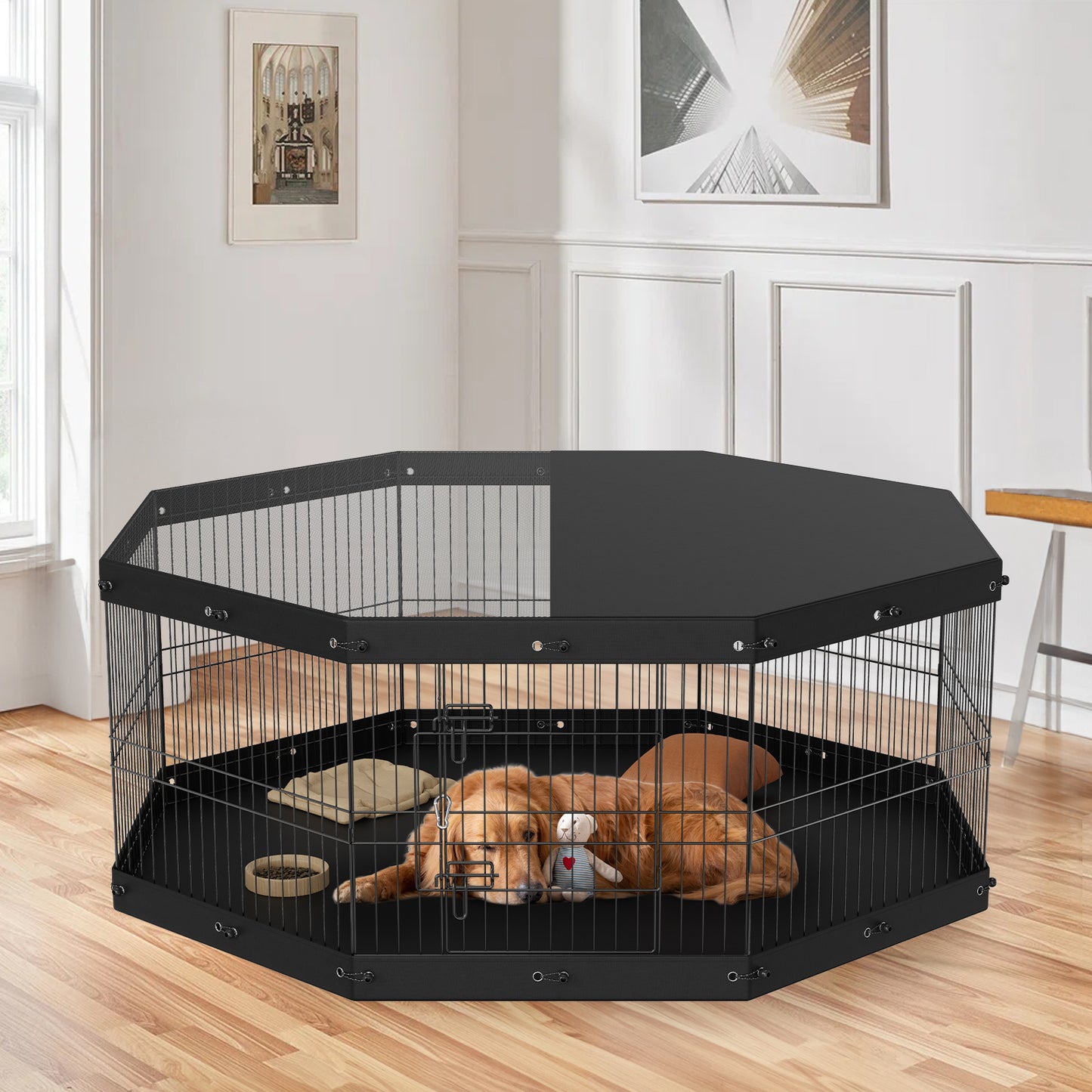 Foldable Metal Dog Playpen with Top Cover - 8 Panels, 24in H