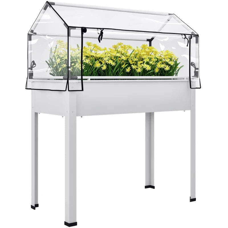 Elevated Garden Bed with Greenhouse Cover - White Raised Planter with Drainage