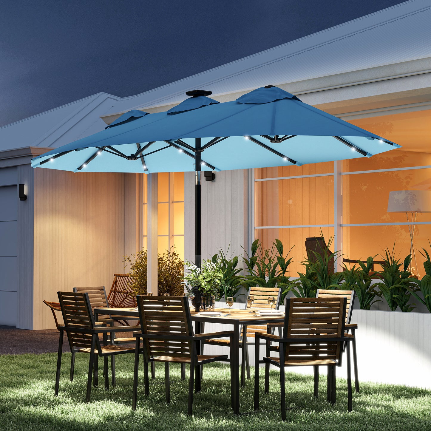 Double-Sided Outdoor Umbrella with LED Lights - Light Blue