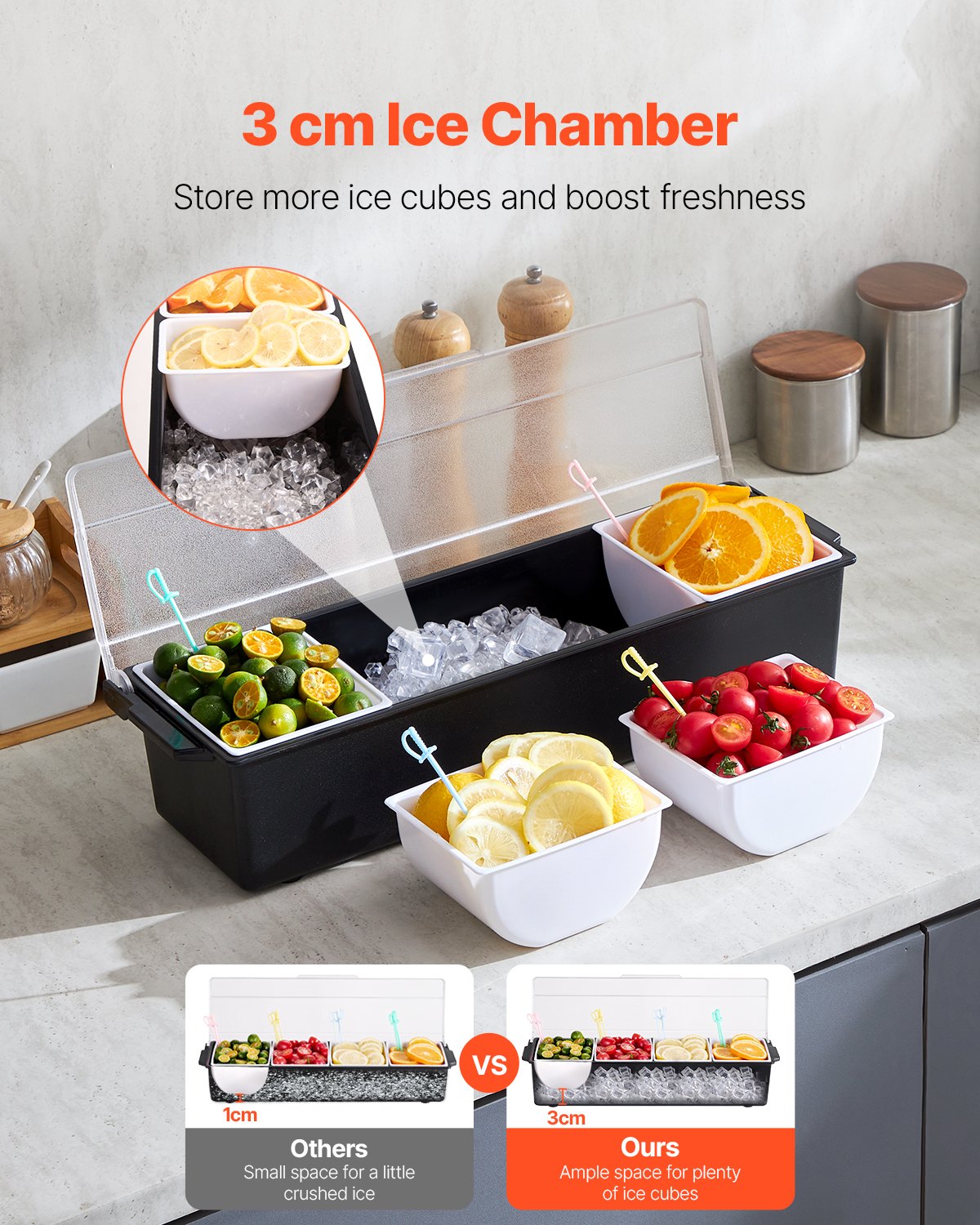 Chilled 4-Compartment Condiment Server Tray with Lid - Black