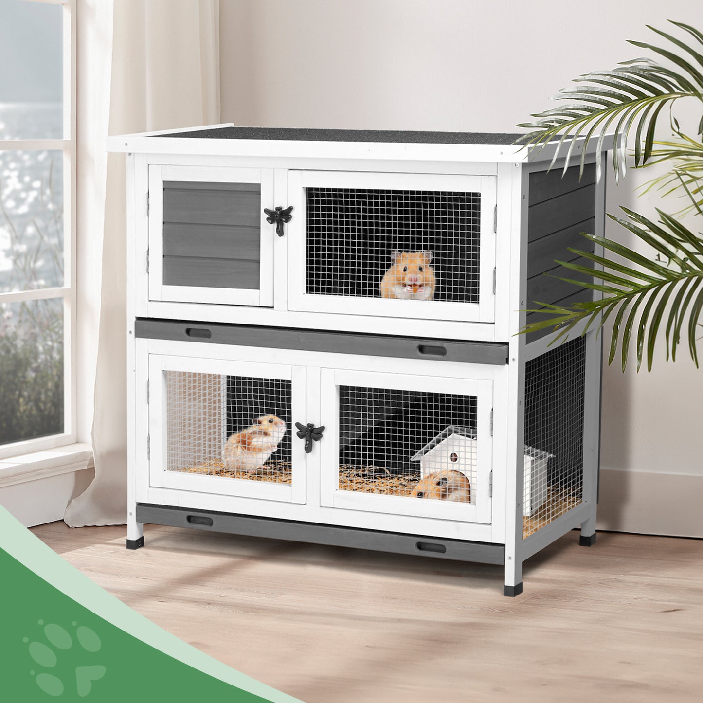 2-Story Pet Cage with Pull-Out Trays for Small Animals - Grey Cedar