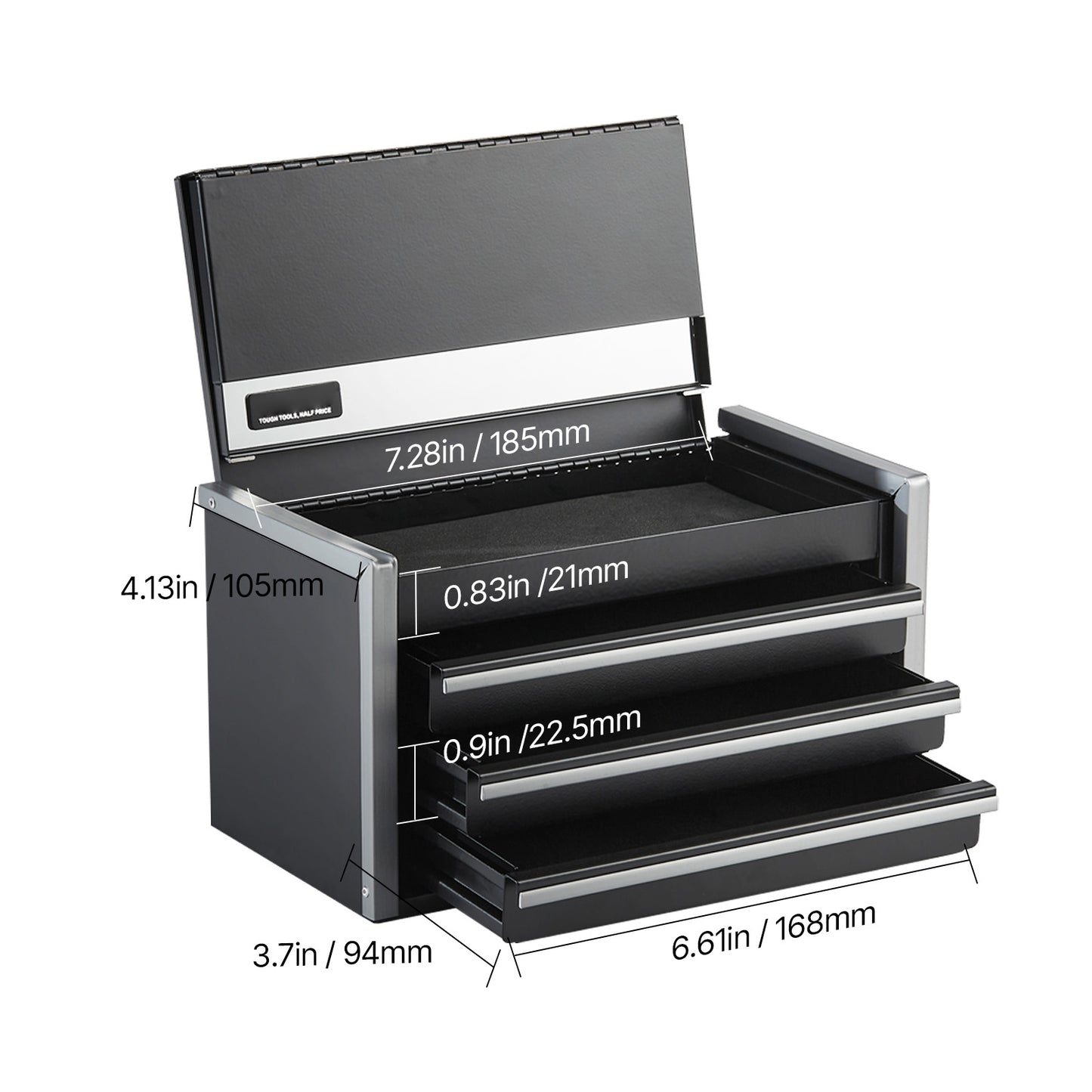 8.6-Inch Portable Metal Toolbox with 3 Drawers, Tool Organizer, Black