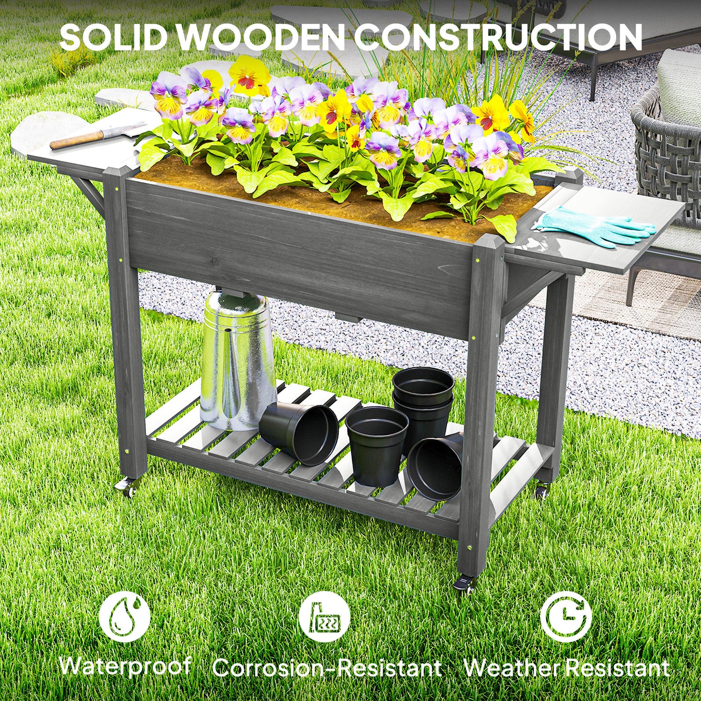 Wood Raised Garden Bed with Lockable Wheels and Storage - Gray