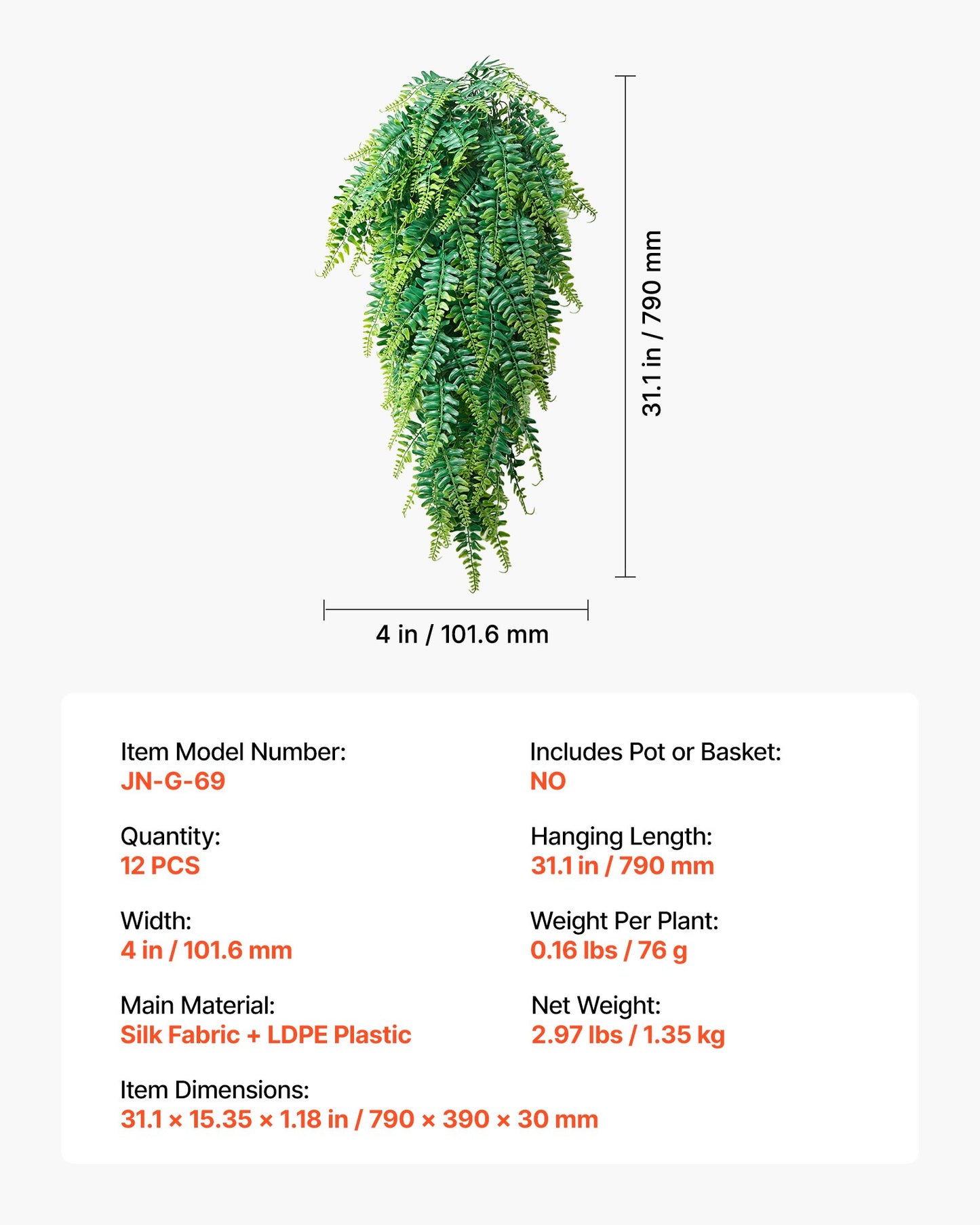 Artificial Ferns Set - 12 Faux Hanging Plants with 32 Inch Length for Indoor Outdoor Decor
