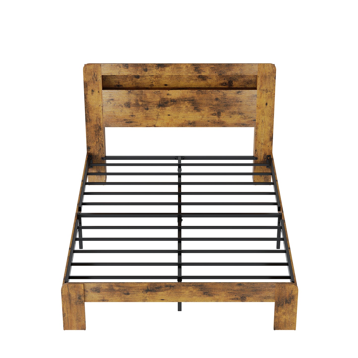 Queen Size Bed Frame with Storage & Charging Station - Rustic Brown