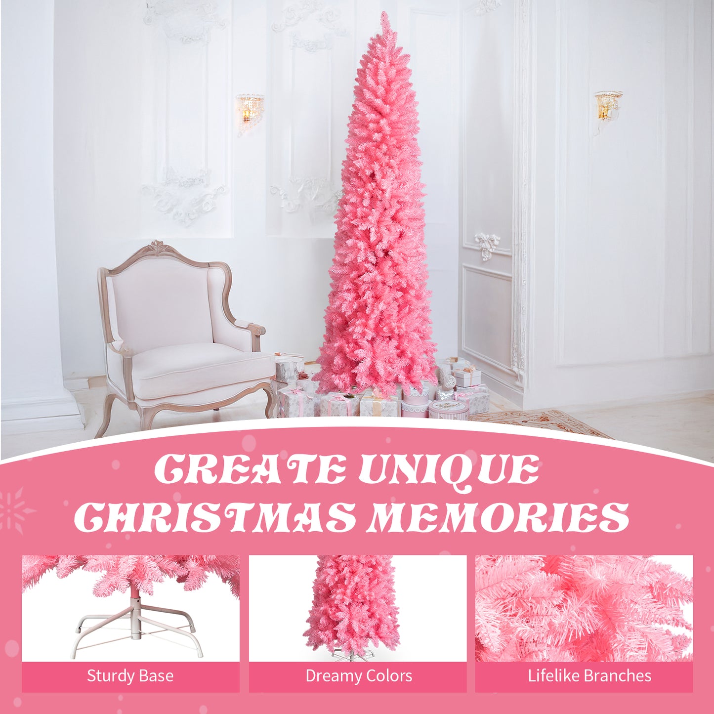 7.5 FT Slim Pencil Christmas Tree - Unlit Pink Artificial Pine