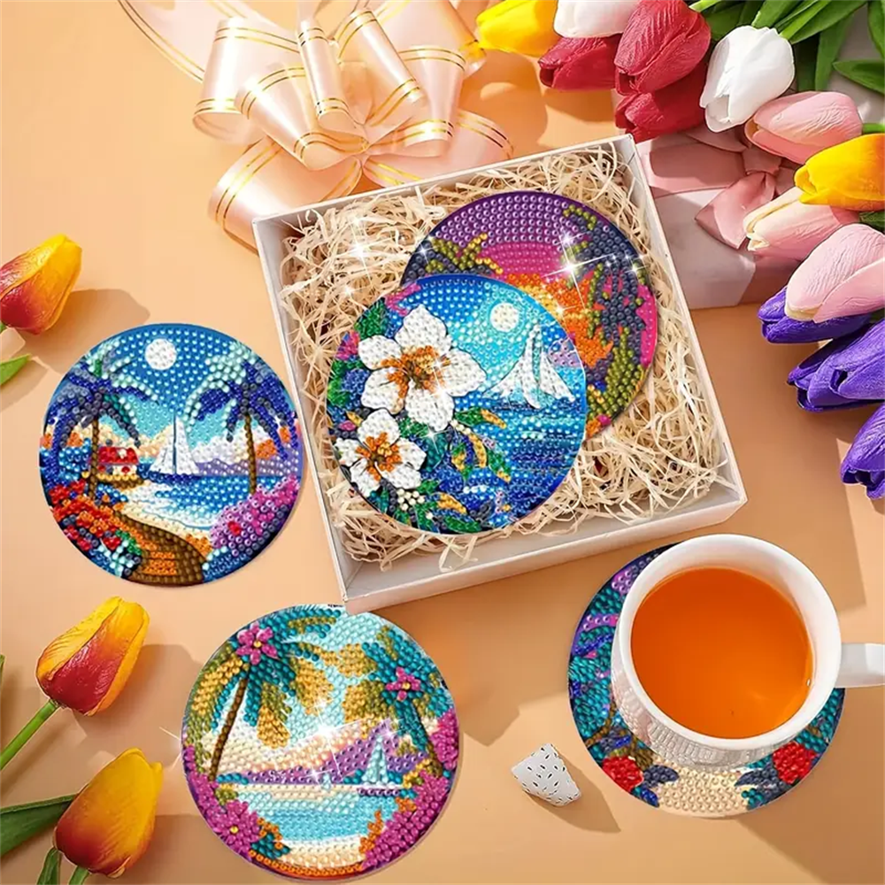 DIY Diamond Art Coaster Kit with Holder - Landscape Pattern, for Adults & Beginners