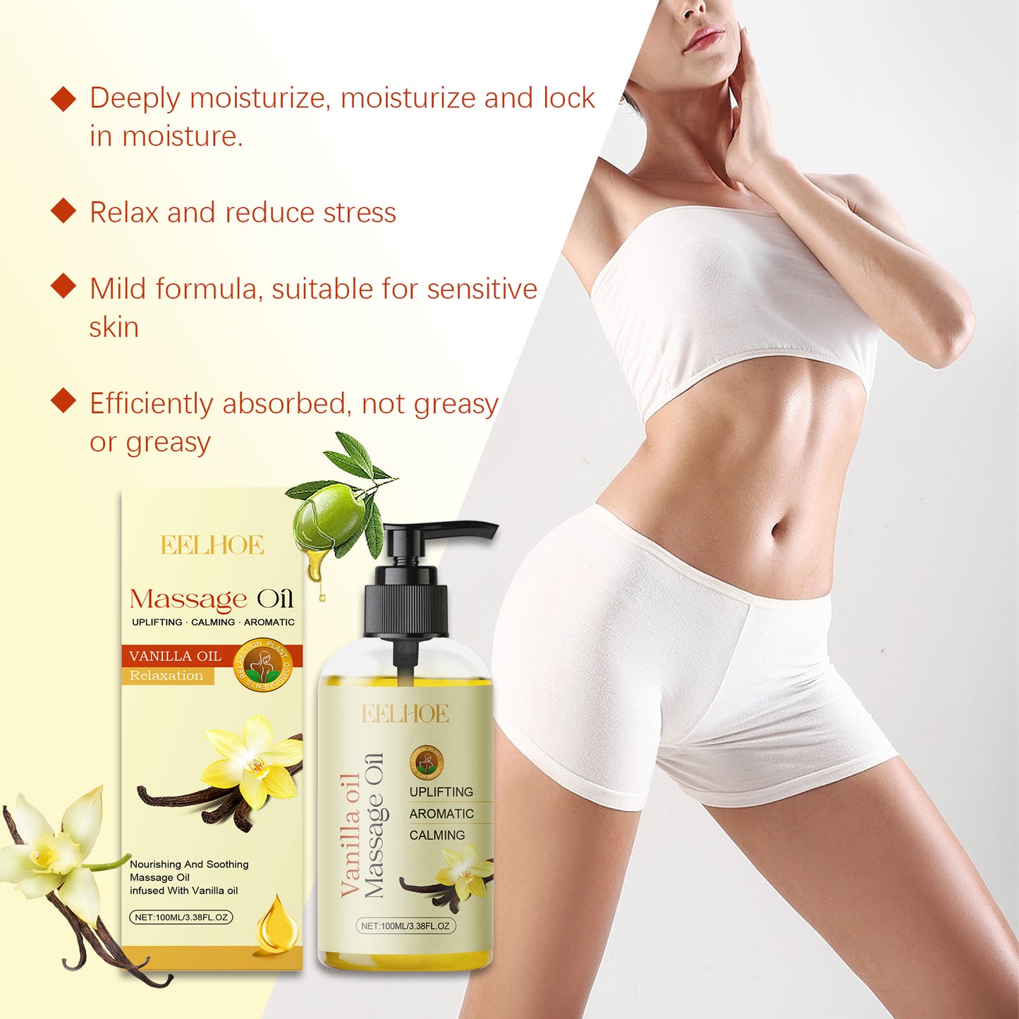 Vanilla Body Oil - Moisturizing & Hydrating Skin Care with Vitamin E, 100ml