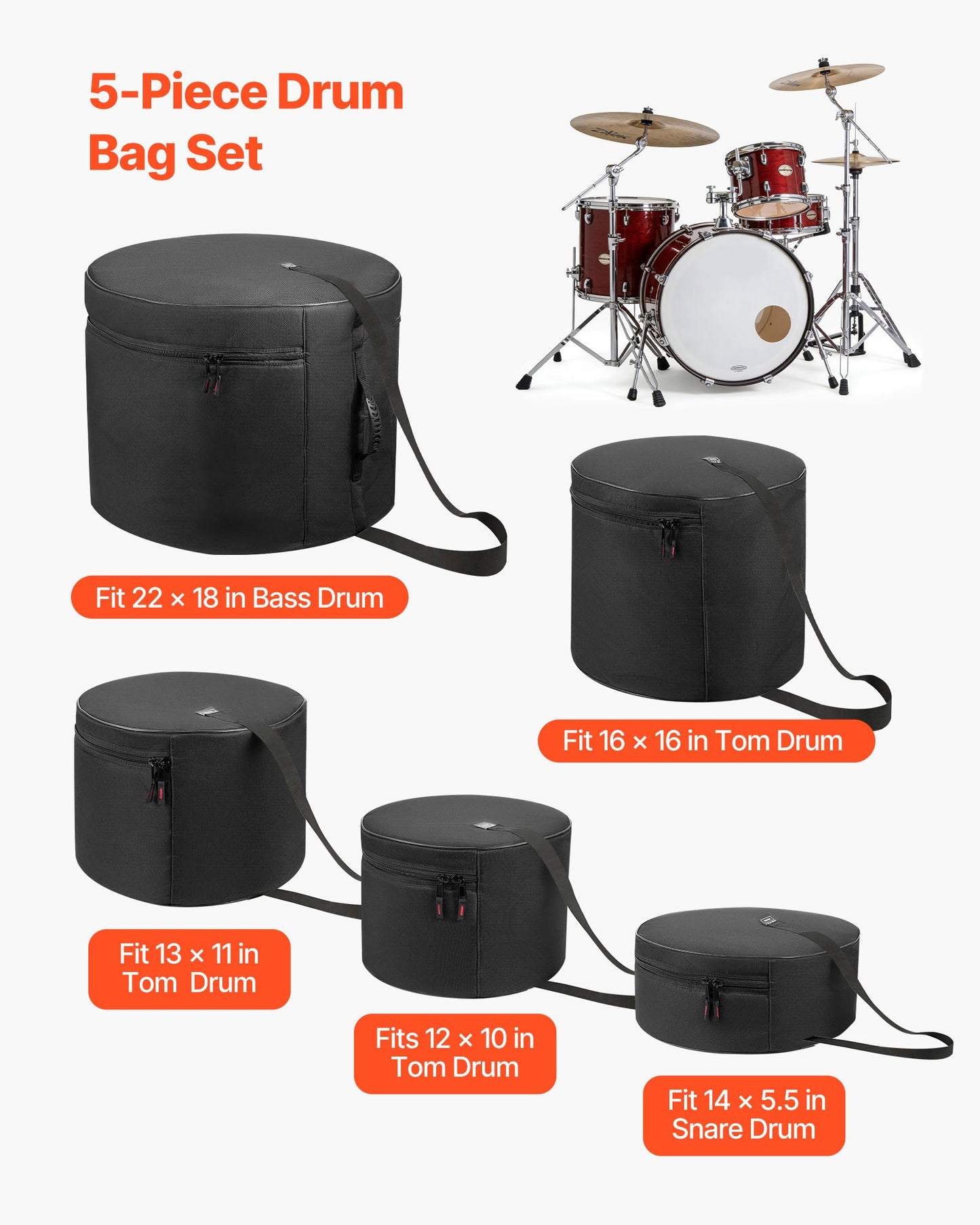 5-Piece Drum Case Set for Bass, Snare & Tom Drums - Padded, Lightweight Travel Storage