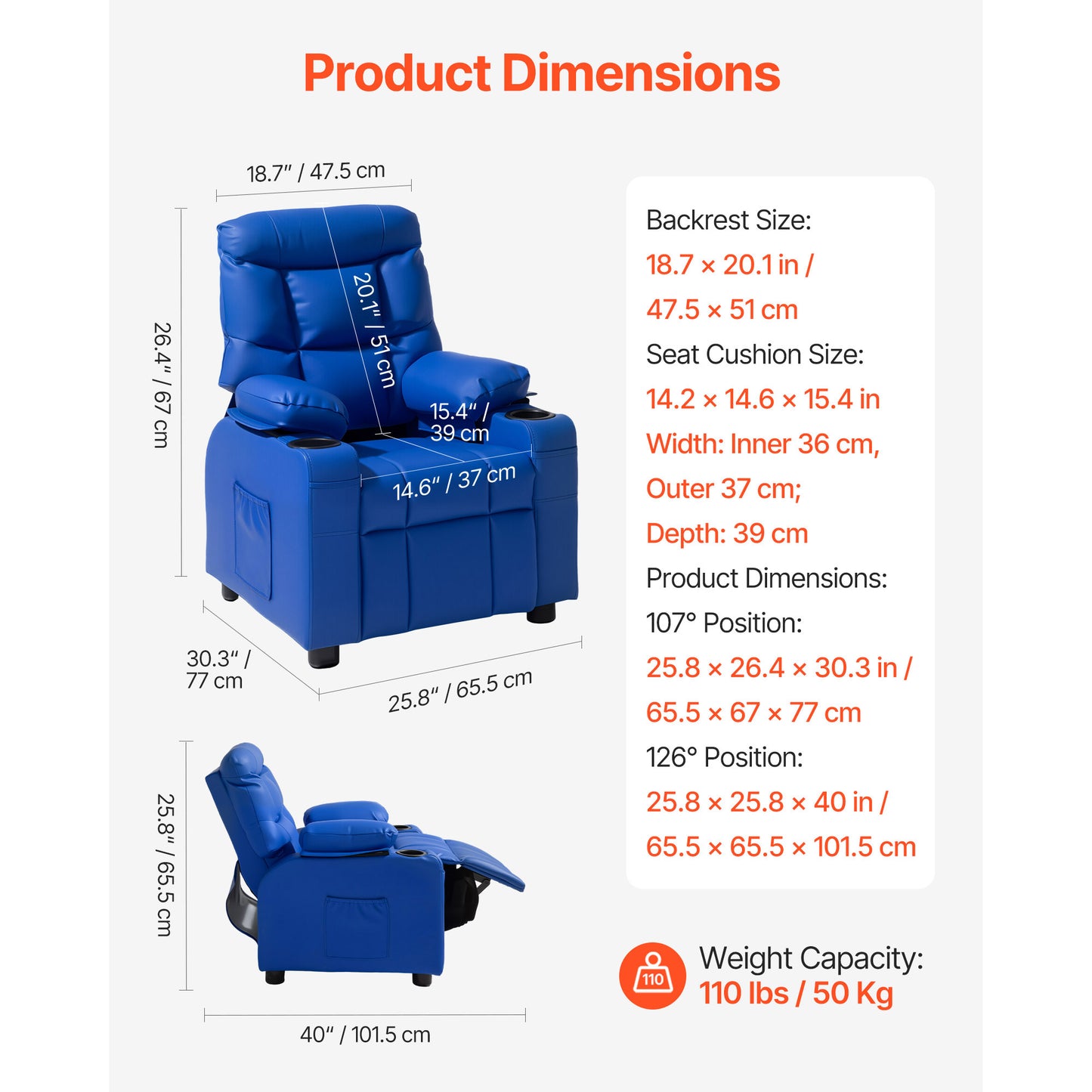 Kids Reclining Chair with Footrest & Cup Holders - Adjustable Toddler Recliner for Boys & Girls, Blue