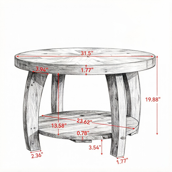 Round Solid Wood End Table with Two-Tiered Storage