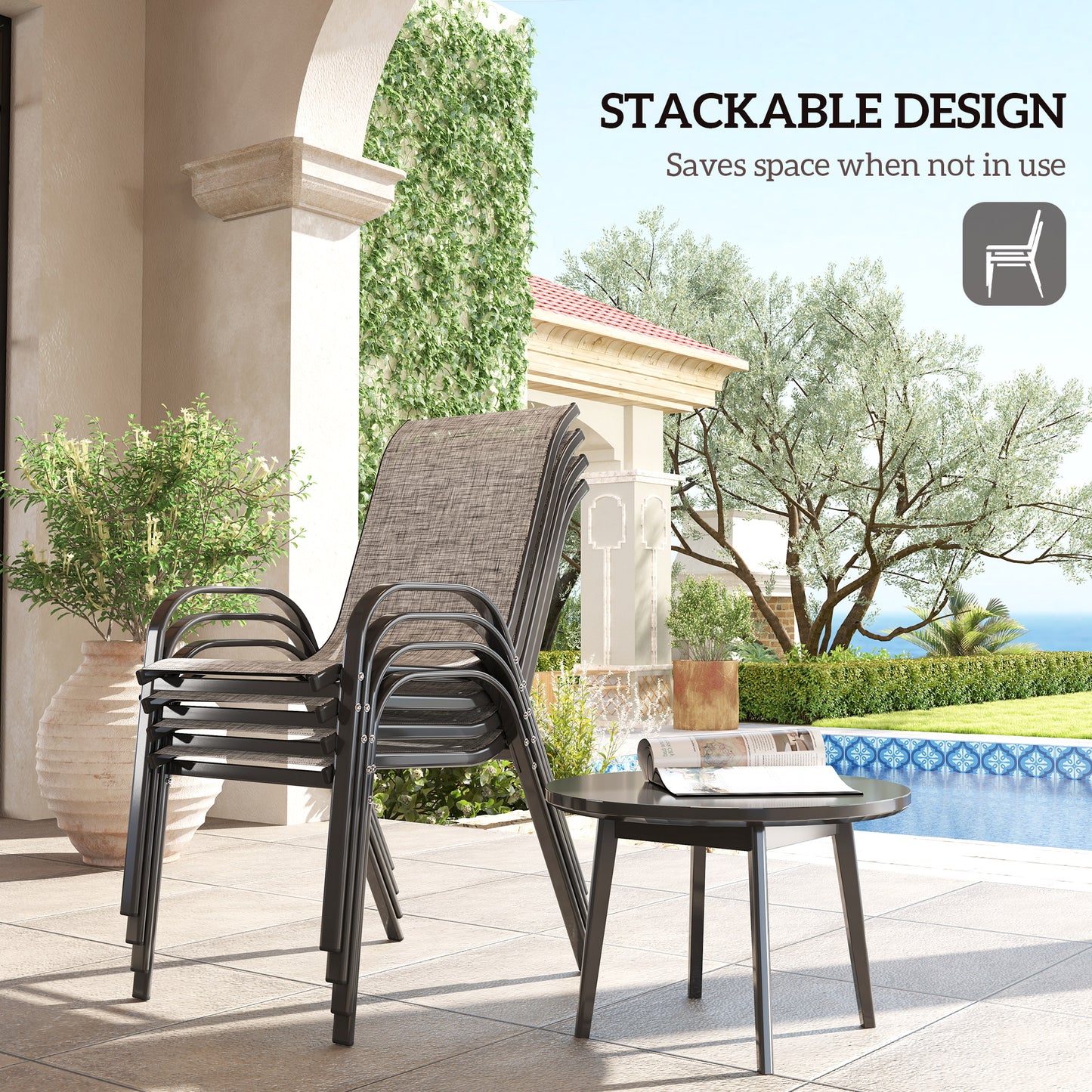 Set of 4 Stackable Outdoor Dining Chairs with Mesh Seat - Mixed Gray