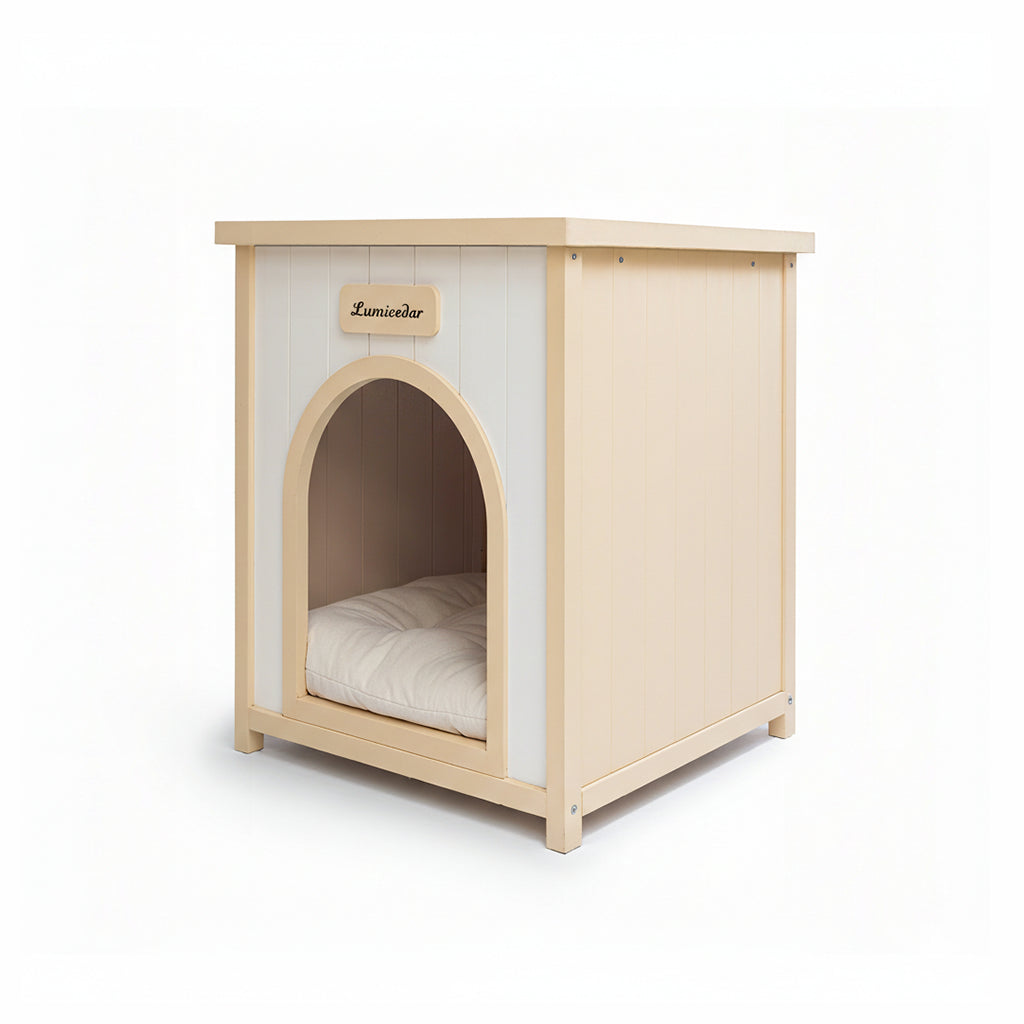Indoor Wooden Dog House with Removable Cushion - Small Pet Shelter, Scandinavian Design