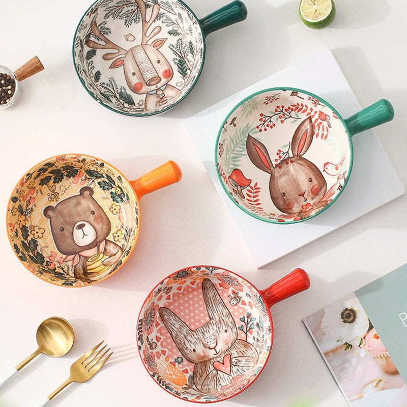 Ceramic Salad Bowl with Handle - Animal Illustration, 16-17cm, Dishwasher Safe