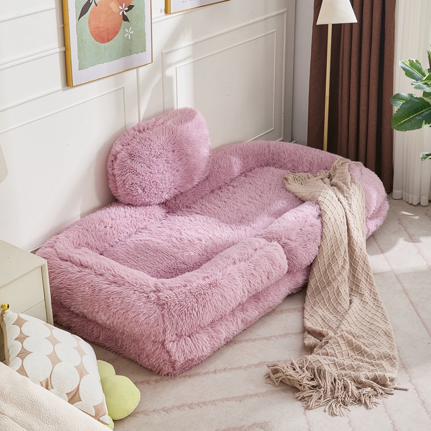 Adjustable Lazy Sofa Bed - Plush Fabric, Pink