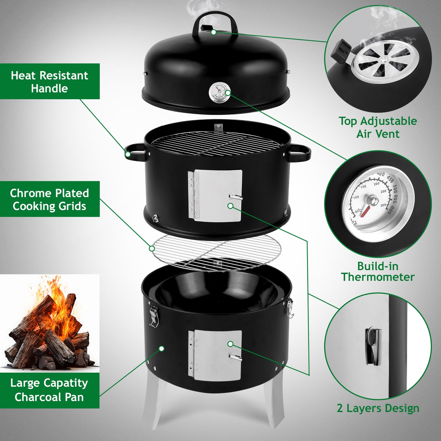 Vertical Charcoal Smoker 18.5 Inch Heavy Duty Portable Outdoor Grill with Thermometer