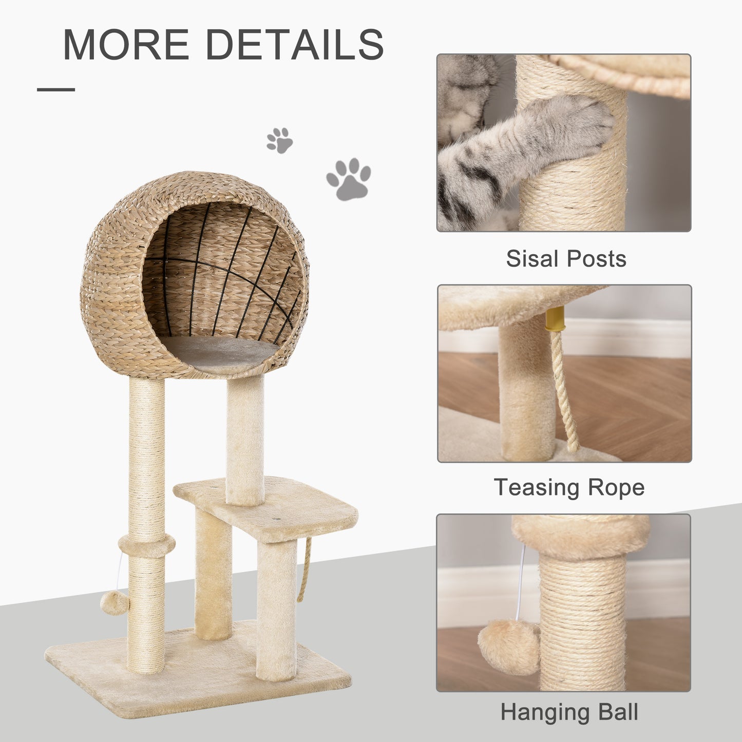 Beige Cat Tree with Sisal Scratching Post Condo and Hanging Rope - 39 Inches