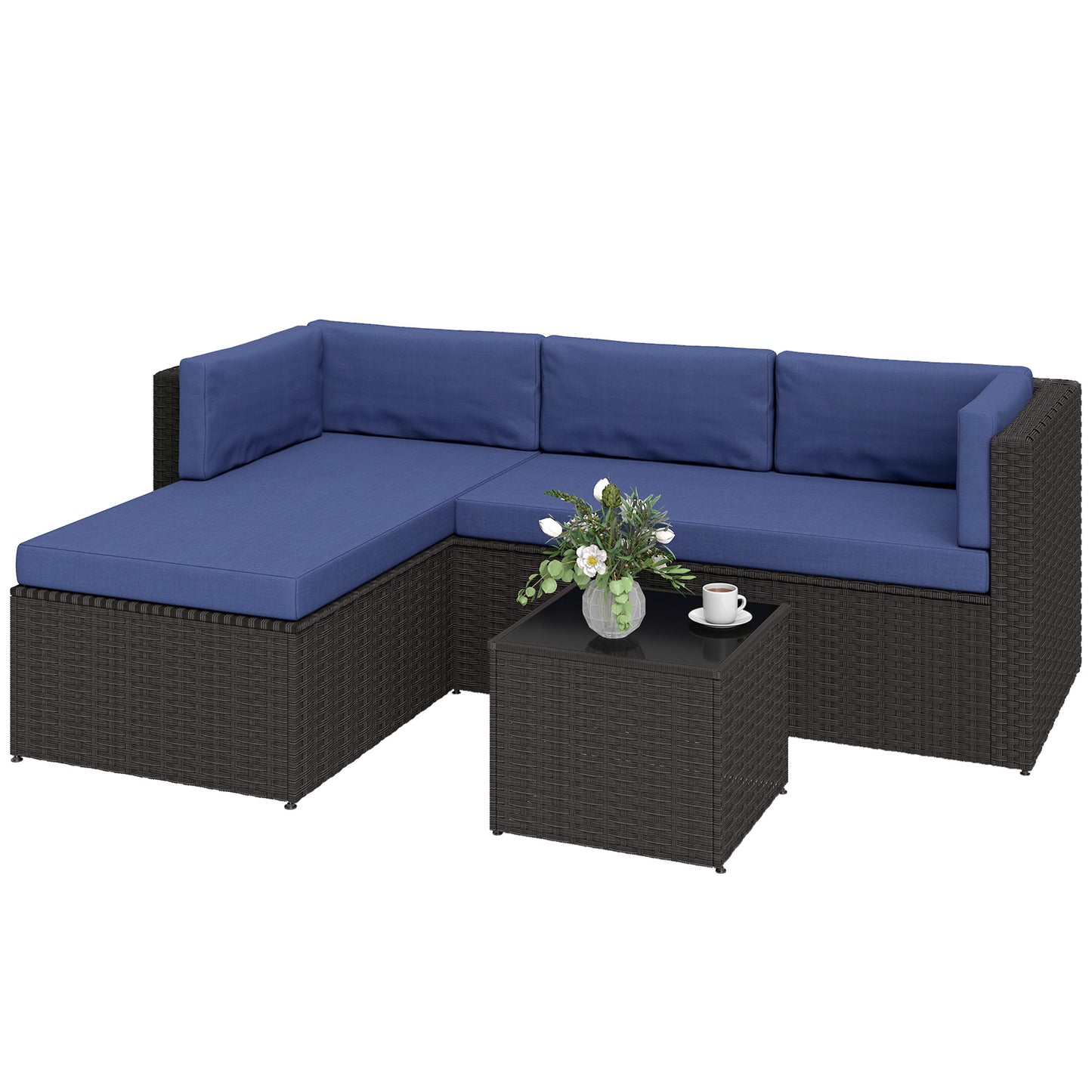 3-Piece Wicker Patio Furniture Set with Cushions & Glass Table - Navy Blue