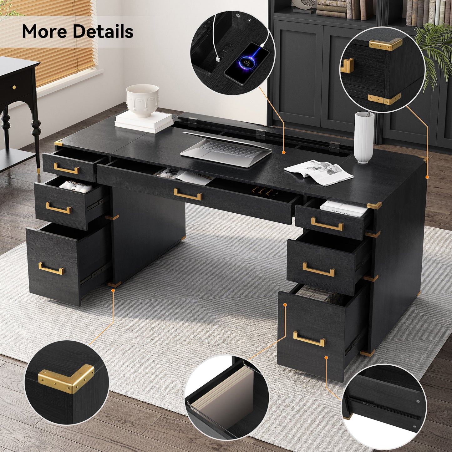 70 Extra-Large Classic And Traditional Executive Desk With Metal Edge