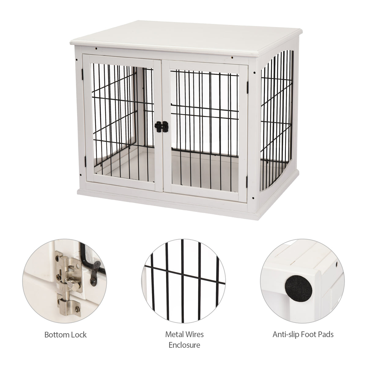 Small Dog Crate End Table with Doors, Lockable Pet Kennel - White, 32"