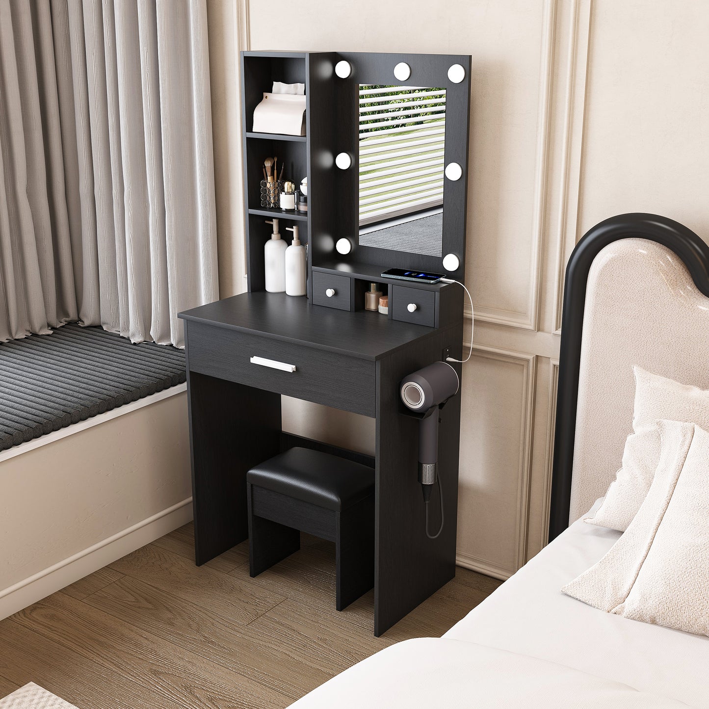 Vanity Table With Mirror & Adjustable LED Lights, Power Outlet,