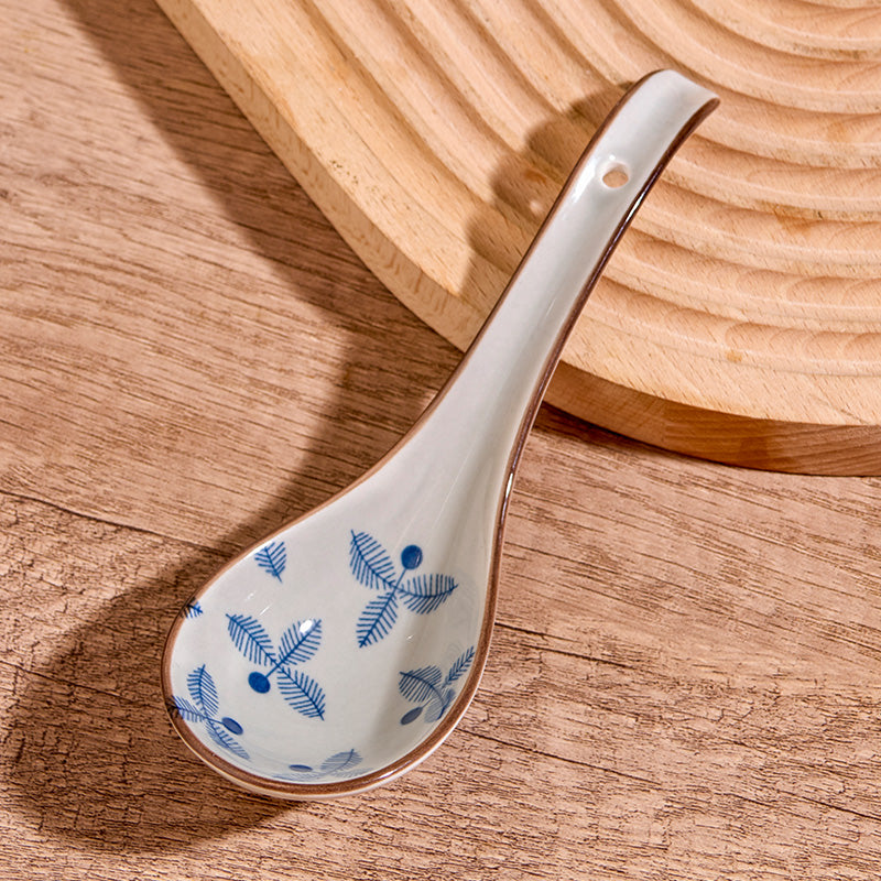 Ceramic Kitchen Spoon Set - Retro Long Handle Floral Pattern, 4 Pack