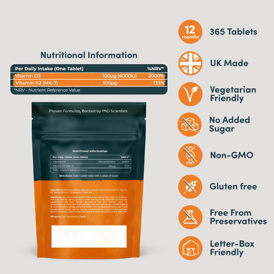 Vitamin D3 K2 Tablets - 60 to 120 Piece Supplement
