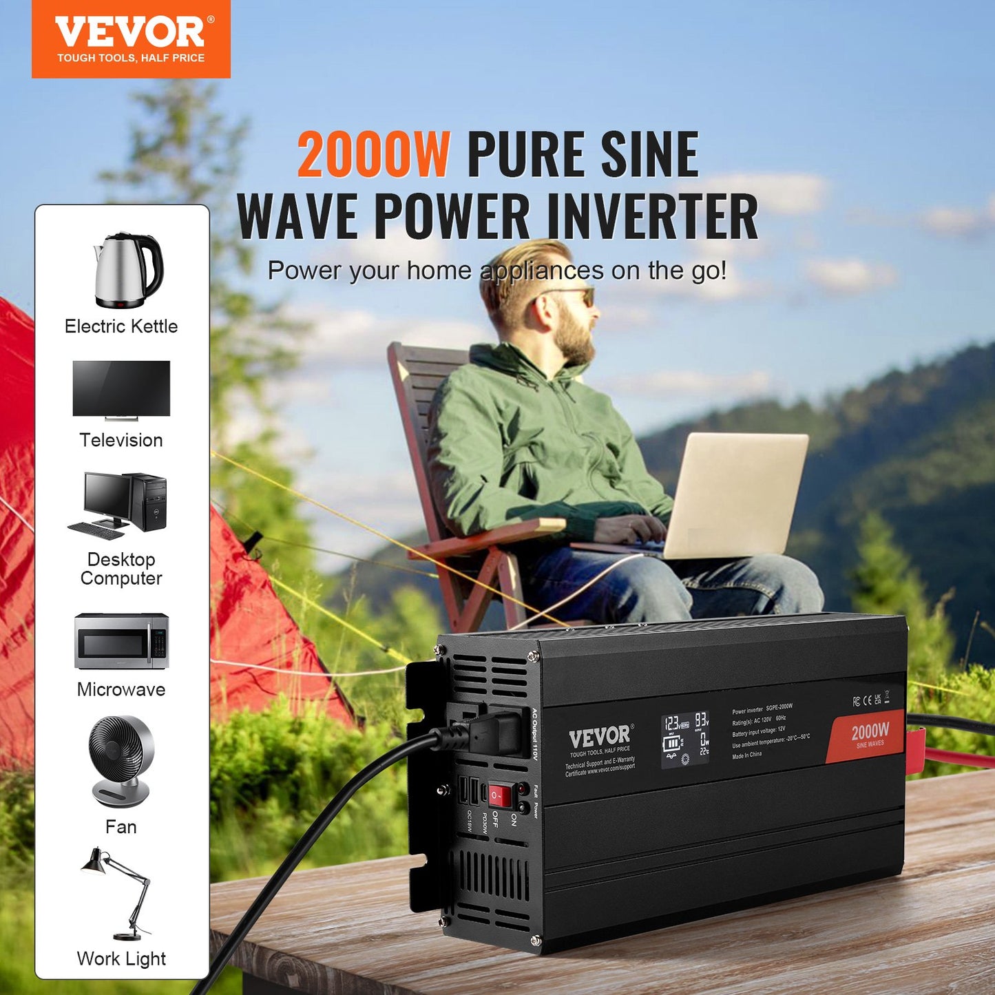 2000W Pure Sine Wave Power Inverter with 2 AC Outlets, USB & Type-C, LCD, Remote - 12V to 120V