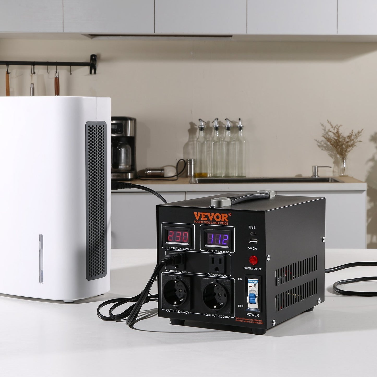 2000W Voltage Converter Transformer - Step Up/Down Power Supply with US & EU Outlets, USB Port